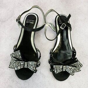 Y2K Coquette STUART WEITZMAN‎ Girls Sandals 1 Black Silver Rhinestone Bow Twee